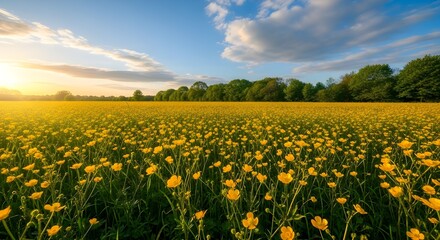 Wide Field of Yellow Wildflowers Under Sunny Blue Sky at Sunset