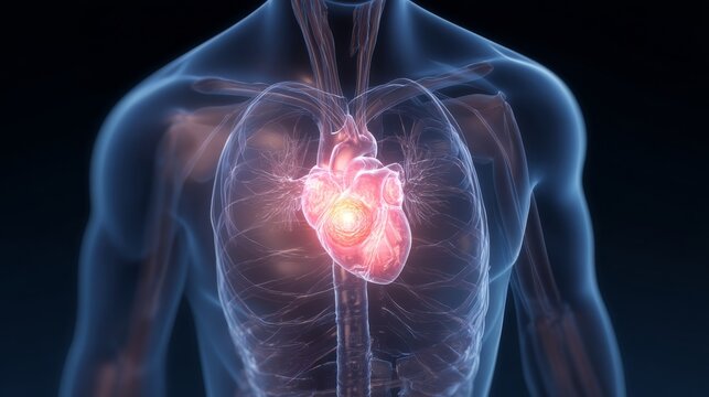 Visualization of cardiovascular disease showing a transparent human body with a detailed heart model