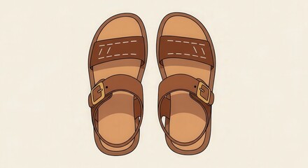 A pair of brown leather sandals with buckles and stitching details, viewed from above on a light background.