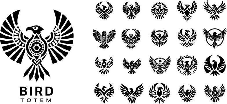 Minimal monochrome bird totem emblems in bold black vector style, symmetrical tribal logo icons with geometric wings and negative space, abstract eagle and falcon symbols isolated on white background.
