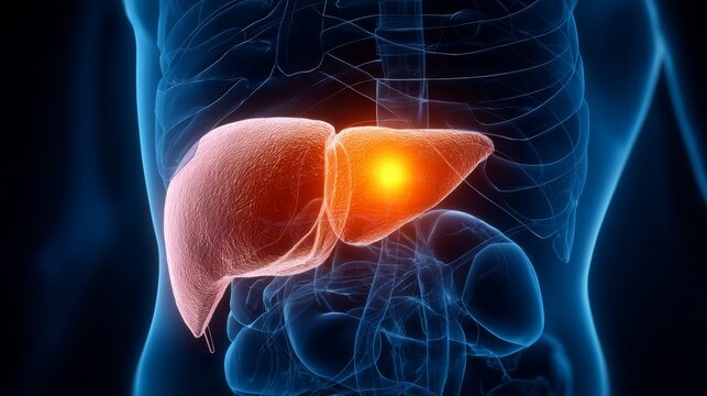 Render shows diseased liver with glowing effect in detail to highlight health issues and risks involved with liver conditions