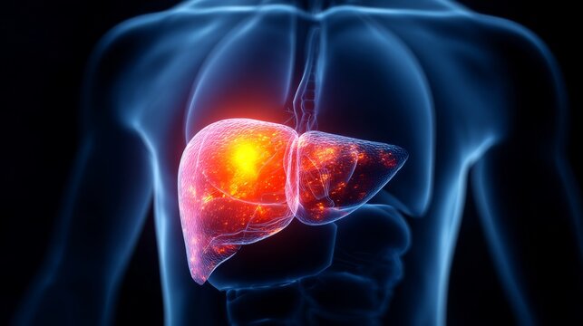 Render showing diseased liver with glow in human body anatomy under dark background