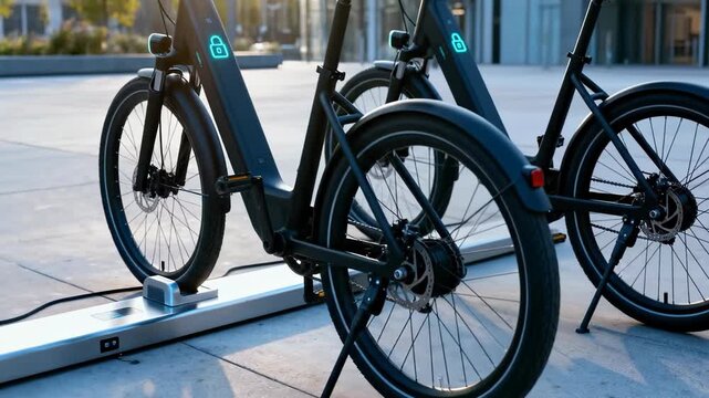 Close up of modern black electric bicycles parked at a charging station on a city square during sunset with glowing lock icons on the frames