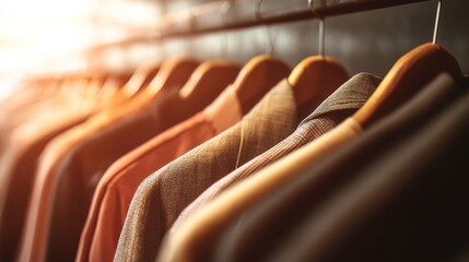 Obraz premium Clothing rack in soft sunlight shows various garments arranged neatly in a well-lit space during late afternoon