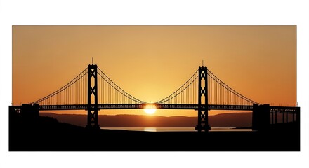 Obraz premium Golden sunset behind suspension bridge.