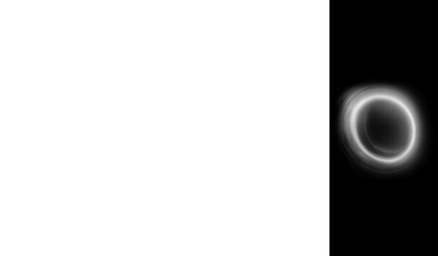 Abstract black and white cosmic visualization featuring a bright glowing ring shape against a deep dark background suggesting a black hole or stellar event phenomenon