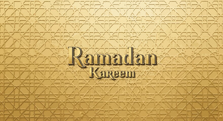 Golden Ramadan Kareem greeting card with intricate geometric pattern and ornate Islamic design elements on a warm, elegant background.