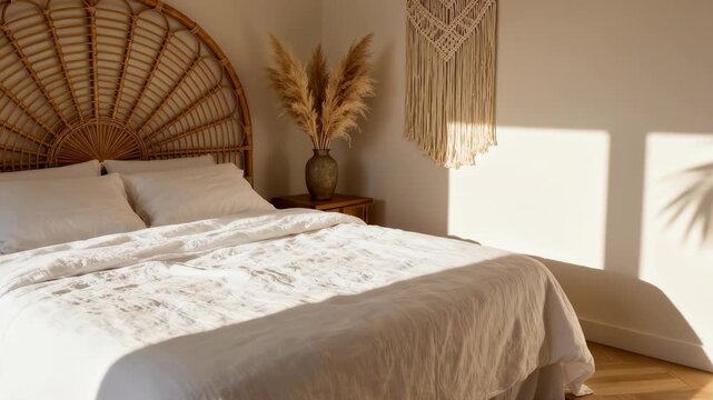 Sunny bohemian bedroom interior with rattan headboard white bedding macrame wall hanging and pampas grass in a vase with morning shadows