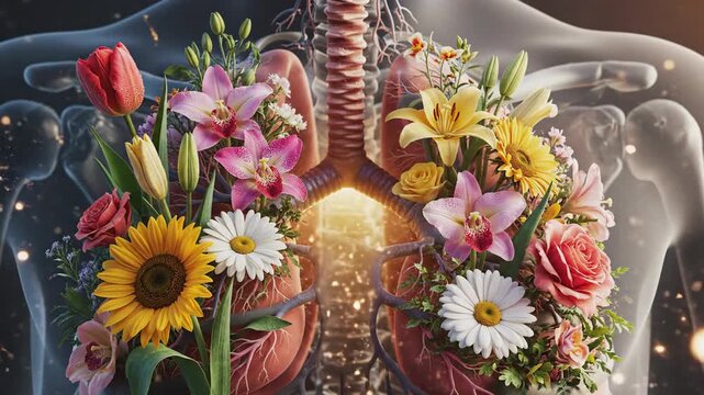 Lungs blooming with vibrant flowers inside a translucent torso form, radiant light glowing from within