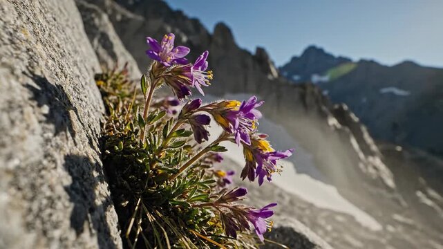 Purple and yellow alpine flowers bloom on a rockface, with snowcapped mountains blurred in background