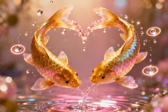 Two surreal golden koi fish form a heart mid-air, surrounded by sparkling water droplets and radiant warm reflections, Valentine's day concept.