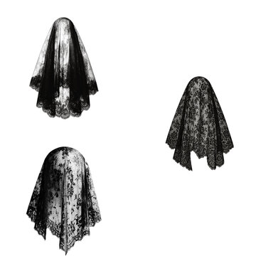 Mysterious black lace veils set isolated on transparent background