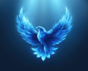 Fototapeta premium Majestic glowing blue bird with outstretched wings and layered feathers rising under a soft spotlight, ethereal and uplifting against a dark luminous background