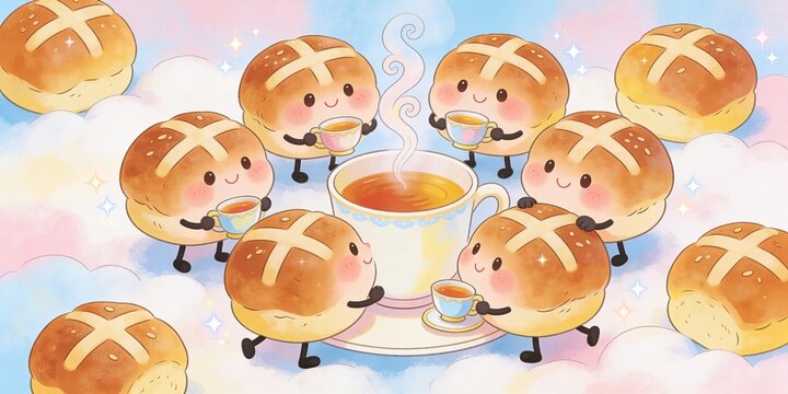 Dreamy cloud tea party with cute hot cross buns holding tiny teacups around steaming cup, pastel sky sparkle background