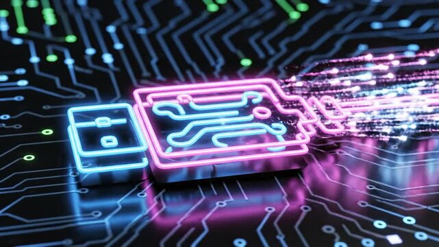 Neon glowing pink and blue circuit board with lines of connected nodes on a black background, tech theme