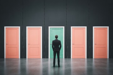 Fototapeta premium A businessman in a suit stands facing a row of five doors, with a prominent green door in the center, symbolizing significant life and career choices.