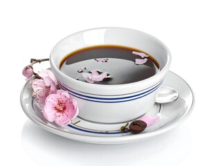 A white teacup filled with dark liquid on a saucer with pink flowers