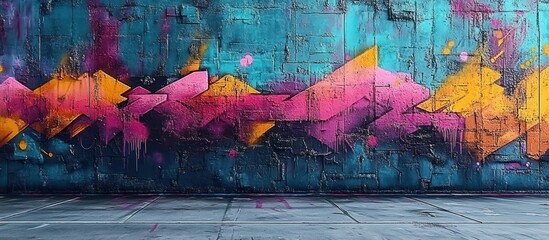 vibrant abstract geometric graffiti mural of pink and yellow jagged mountain shapes on a textured teal cinderblock wall above an empty concrete floor, energetic urban feel