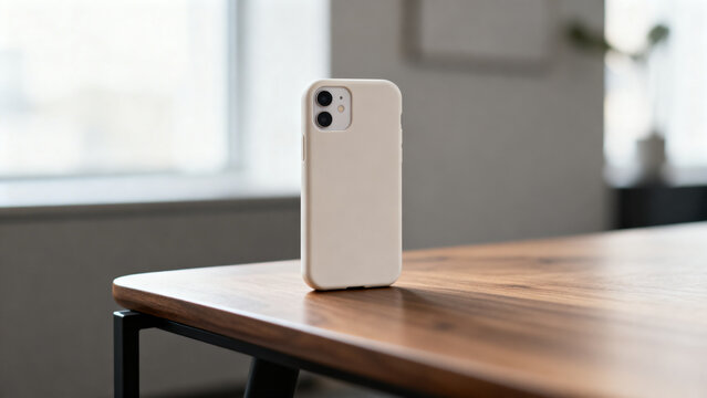 Clean, simple mobile phone design with light beige case on a wooden table, minimalist room setting
