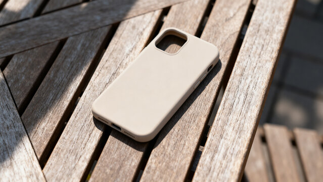 Minimalist beige silicone phone cover placed on diagonal wooden slats of outdoor table top surface