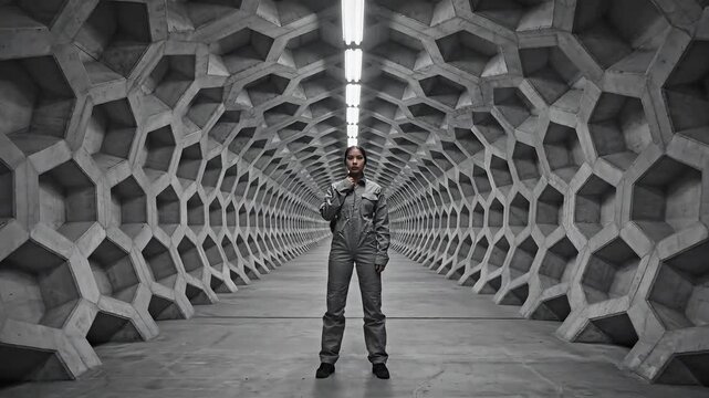 A lone figure in a futuristic gray suit stands in a vast, symmetrical, gray, honeycomb-structured tunnel with a high ceiling and reflective floor.