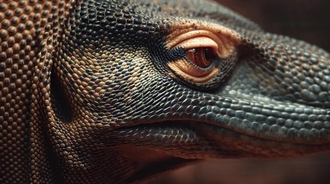 Close-up of a lizard's eye with a textured, scaly face and warm, earthy tones.