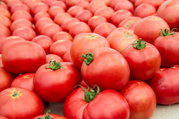 A dense pile of ripe, pinkish-red tomatoes, a few of which still have their fresh green stems.