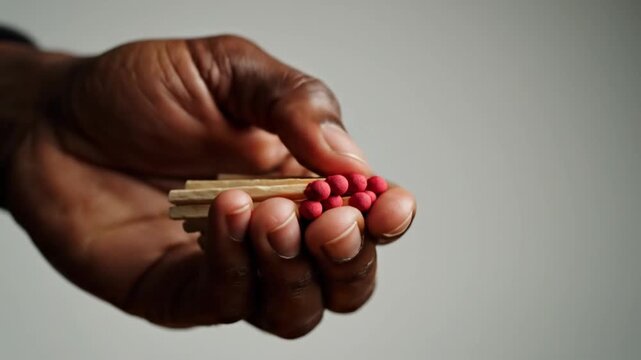 A dark-skinned hand holds a bundle of matches with red heads. The background is a soft gray