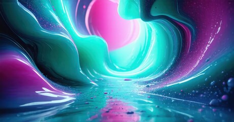 Fototapeta premium Abstract fluid shapes, vibrant colors, tunnel perspective. Pink, teal hues blend, creating dynamic energy, light reflections.