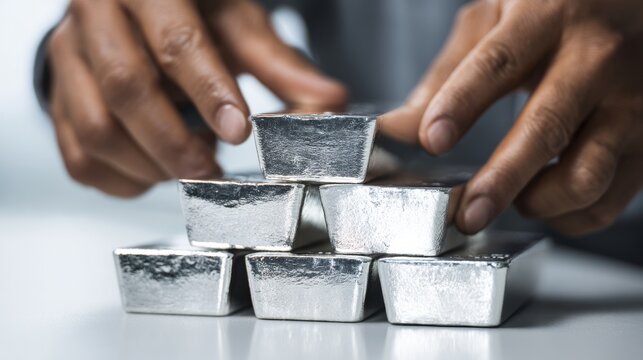 Careful stacking of polished silver bars takes place at a workspace during daylight