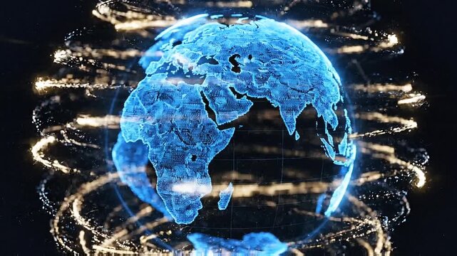 Blue digital Earth hologram rotating within glowing golden particle rings against a dark studio background, symbolizing global data.