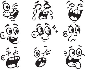 Collection of expressive cartoon faces depicting various emotions and reactions Vector, illustration