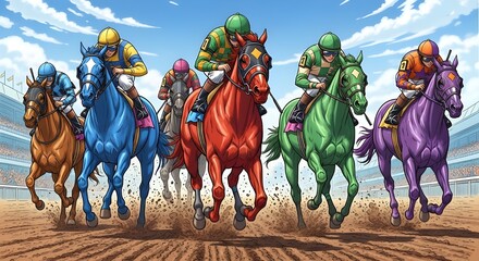 Colorful Illustration of Jockeys Racing Horses on a Dirt Track