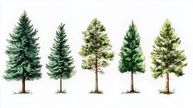 Five hand-painted evergreen conifer trees in watercolor and ink, standing in a row on white background, evoking calm natural serenity
