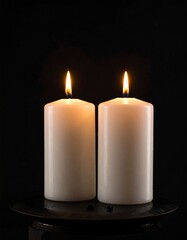 Two lit white candles on a dark background