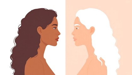 Two women with long hair in profile against contrasting backgrounds