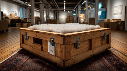 A detailed view of an art installation showcasing a wooden crate filled with foam, situated in a contemporary gallery. the vibrant lighting highlights the textures and materials, contributing to a mod