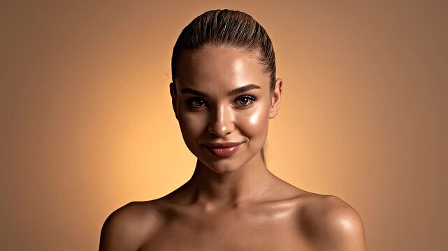Elegant adult woman in side profile with sleek ponytail and smooth warm studio backdrop