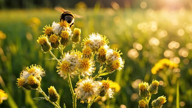 Bee on yellow flower cluster, backlit by the sun
