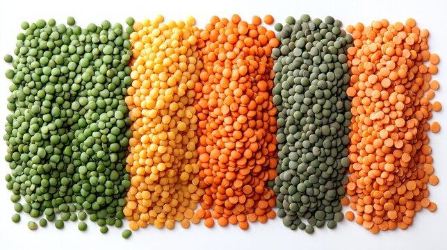five neat vertical piles of colorful split lentils and peas on a white background, vibrant and cheerful arrangement