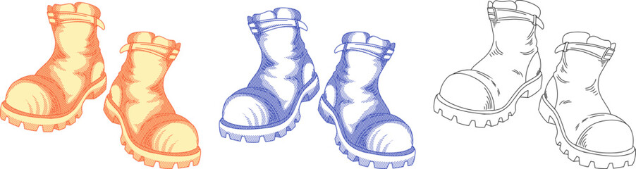 Vintage etching set of industrial safety boots with velcro straps. Hand-drawn engraving style work boots illustration.Perfect for PPE catalogs, industrial safety branding, construction worker icons.
