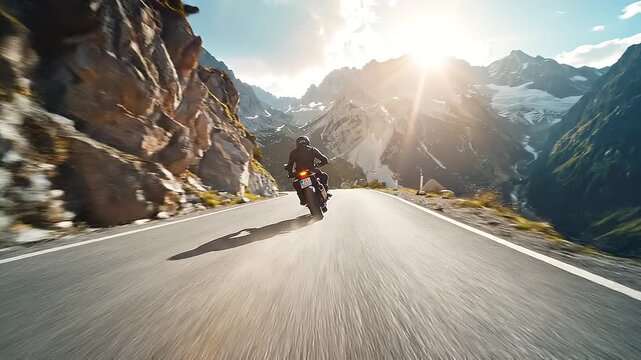 Motorcyclist accelerating through winding mountain pass with blurred road and bright sky