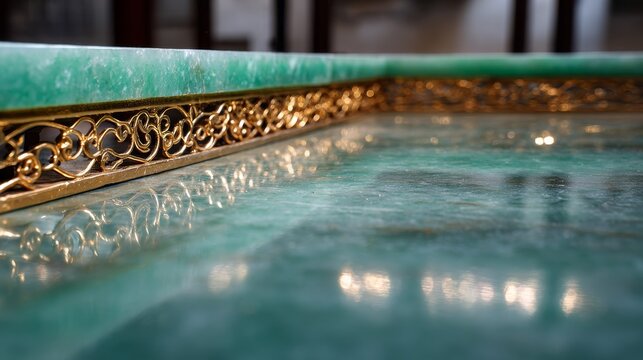 Green jadeite surface with gold inlay and intricate metalwork