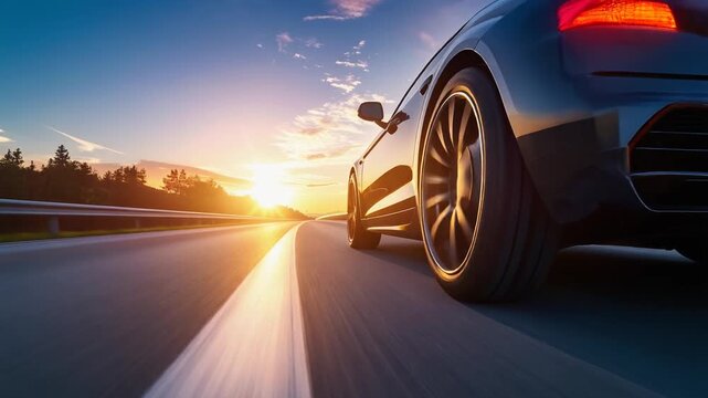 Close view of sports car driving at sunset with glowing road reflections