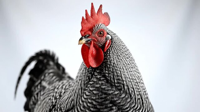 Close-up portrait of a barred rock rooster with detailed feathers and bright red comb crowing on a white background