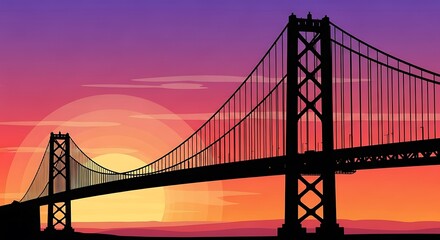 Fototapeta premium Iconic suspension bridge at sunset landscape.