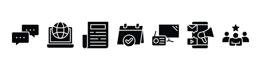 Public relations banner web icon vector illustration concept with icon and symbol of communication, internet, journal, events, radio, tv, social media and customer