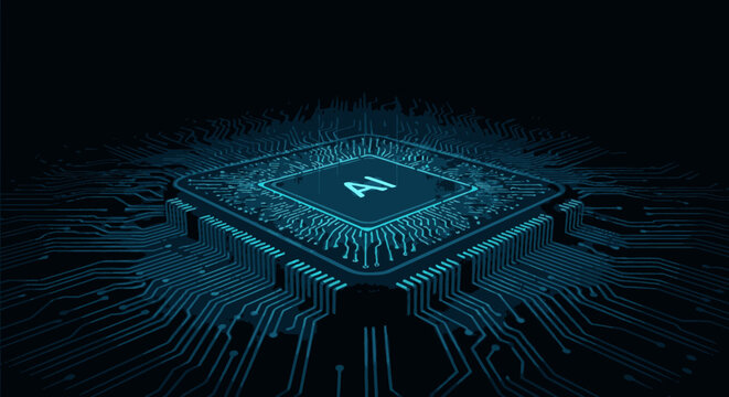 A brilliant artificial intelligence processor glows on a detailed circuit board, embodying cutting-edge modern computing and the future of digital innovation.