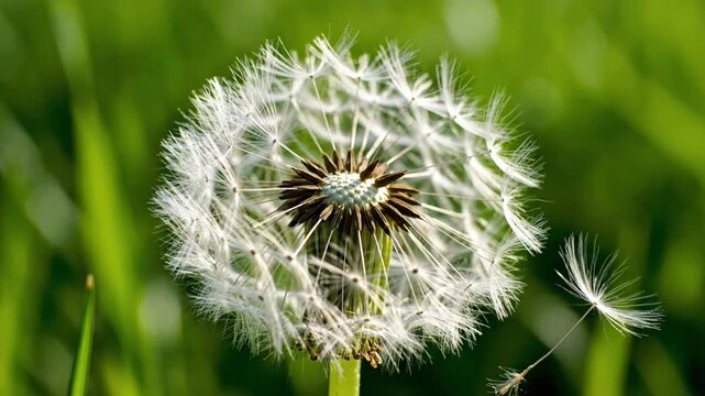 A close-up shot of a dandelion clock in macro, showcasing its fluffy seed head against green