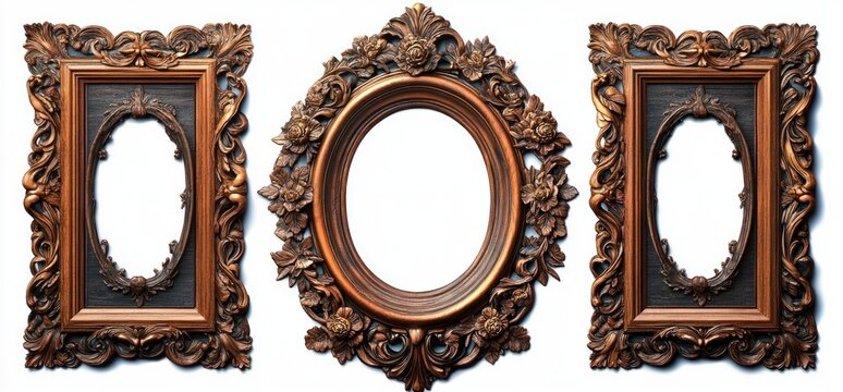 three ornate carved wooden picture frames with floral and scroll details: two rectangular frames with oval openings flanking an elaborately carved oval frame, elegant vintage mood